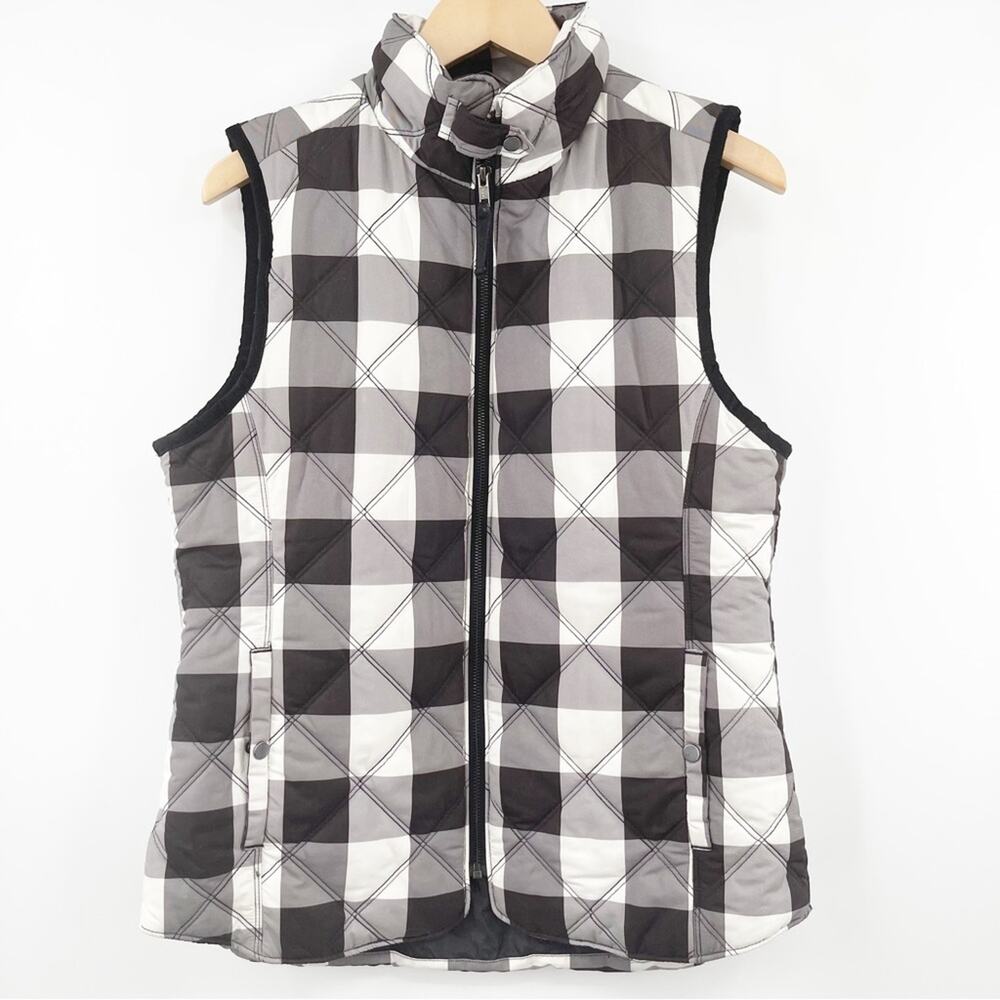 KENSIE Jeans Vest Buffalo Check Quilted Black & White Pockets Zip Up SZ Medium